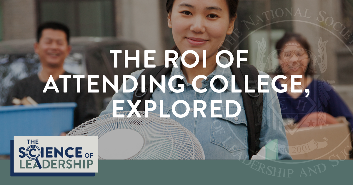 The Science of Leadership: The ROI of Attending College, Explored | Image features a happy young woman moving into college carrying her belongings.